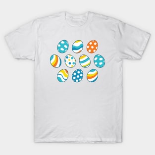 Egg Pattern | Blue Yellow Orange | Stripes Clouds Flowers Dots | White T-Shirt